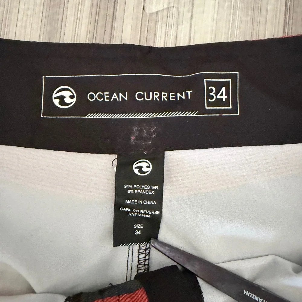Ocean Current Board Shorts Mens 34 Red Black Striped Stretch Cargo Pocket Surf